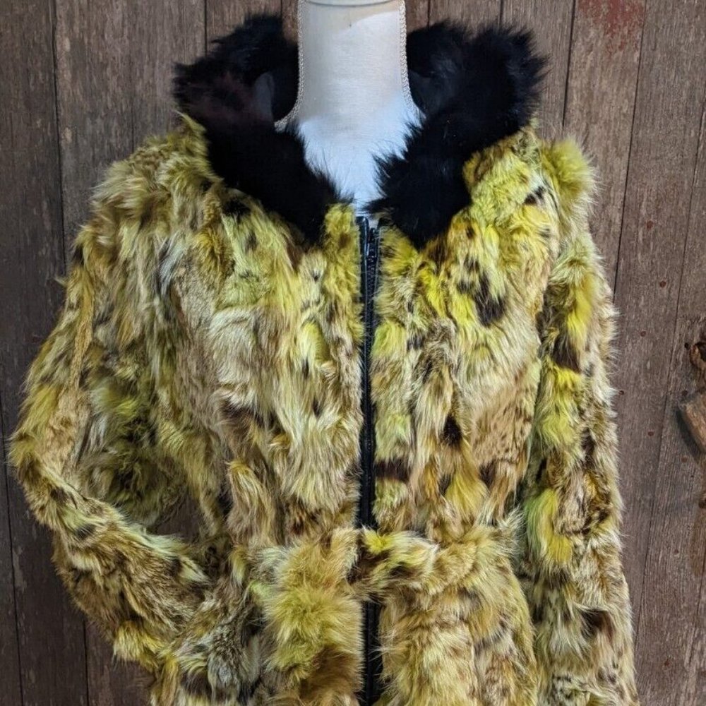Magnificant MOD Dyed Green Raccoon Fur Hooded Coat with Belt, Sz Large